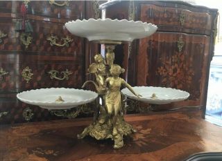 Figural Antique 19th century French bronze and porcelain plates centerpiece 4