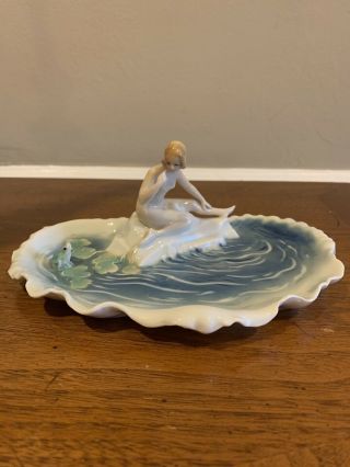Antique Karl Ens Porcelain Nude Woman By Lily Pond Germany,