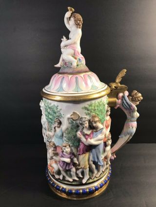 Antique Porcelain Capodimonte Lidded Beer Stein/ With N Mark/ Italy C.  1880/ 14”