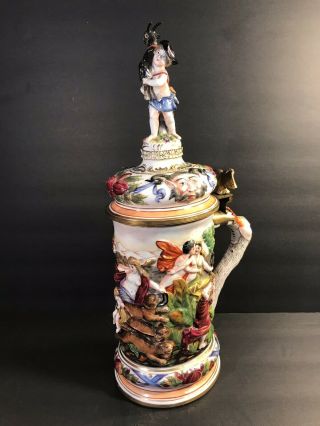 Antique Porcelain Capodimonte Lidded Beer Stein/ Tankard.  Italy C.  1900/ H : 15 “
