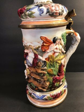 Antique Porcelain Capodimonte Lidded Beer Stein/ Tankard.  Italy C.  1900/ H : 15 “ 3