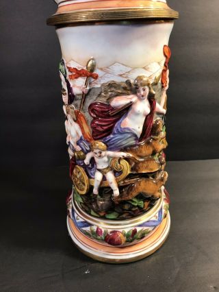 Antique Porcelain Capodimonte Lidded Beer Stein/ Tankard.  Italy C.  1900/ H : 15 “ 5