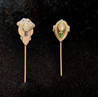 Vintage Victorian Art Deco 14k White Gold Diamond & Emerald Stone Stick Pins