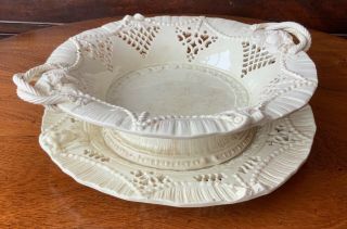 TWO ANTIQUE CREAMWARE POTTERY BOWLS ENGLISH STAFFORDSHIRE PIERCED RETICULATED 4