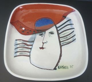 Vintage 1975 Susana Espinosa Pottery 8.  5 " Square Dish Plate W/ Face Signed