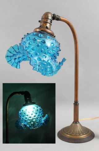 Antique Early 20thc Adjustable Bronze Desk Table Lamp With Blue Art Glass Shade