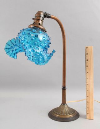 Antique Early 20thC Adjustable Bronze Desk Table Lamp with Blue Art Glass Shade 2
