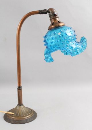 Antique Early 20thC Adjustable Bronze Desk Table Lamp with Blue Art Glass Shade 3