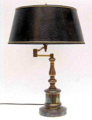 Antique Brass Swing Arm Desk Table Lamp Black Alligator Print Shade Banker