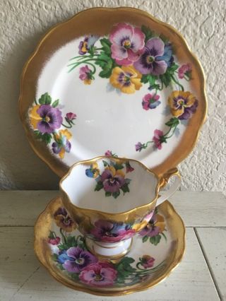 Queen Anne Tea Cup Saucer Plate Pansies Heavy Gold