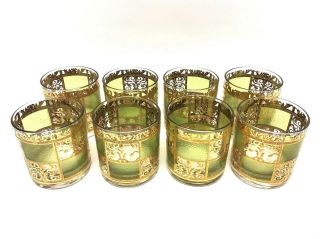 Set Of 8 Vintage Culver Ltd 22k Gold Green Whiskey Glasses Tumblers