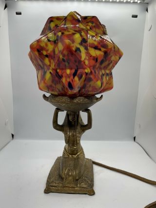 Vintage Art Deco Figural Lady Bronze Lamp Czech End Of Day Globe Antique 3
