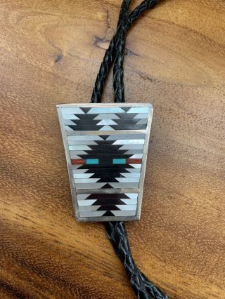 Vintage Southwest Zuni Sterling Silver Inlay Bolo Tie Singed Turquoise Coral Mop