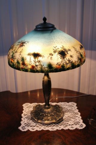Antique Pittsburgh Lamp Reverse Observe Painted Ice Chip Glass Shade Palm Tree