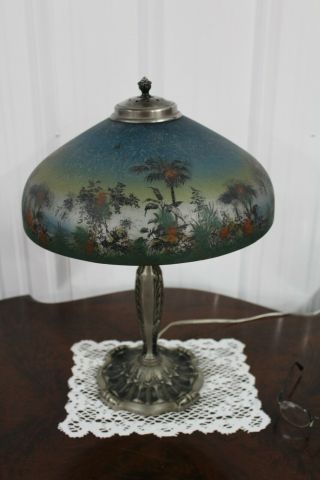 Antique Pittsburgh Lamp Reverse Observe Painted Ice Chip Glass Shade Palm Tree 2