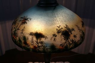 Antique Pittsburgh Lamp Reverse Observe Painted Ice Chip Glass Shade Palm Tree 3