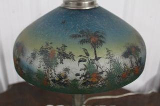 Antique Pittsburgh Lamp Reverse Observe Painted Ice Chip Glass Shade Palm Tree 4