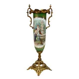 Antique French Sevres Porcelain Hand Painted Vase W/ Bronze Gilded Handles