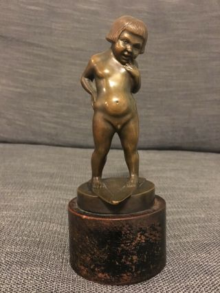 Unique Antique Bronze Sculpture Of Nude Child On Skis - Signed " Bac "