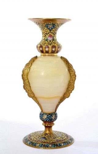 19th Century French Cloisonne Enamel Champleve Gilt Bronze Ormolu Onyx Vase