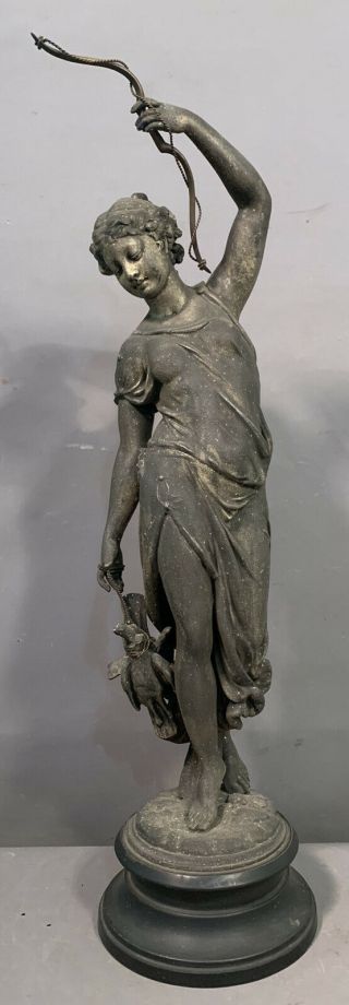 19thc Antique Victorian Era Lady Hunter Bow & Arrow Sculpture Old Paror Statue