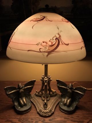 Pittsburgh Arts Crafts Antique Reverse Painted Lamp Bradley Hubbard Handel Era