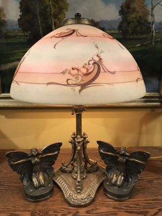 Pittsburgh Arts Crafts Antique Reverse Painted Lamp Bradley Hubbard Handel Era 2