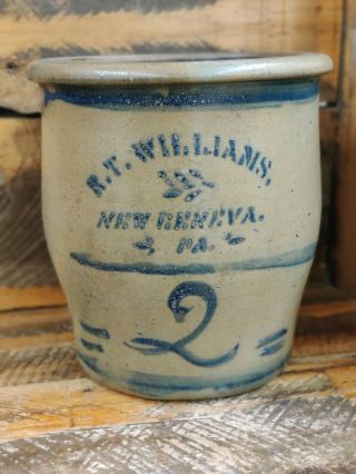 Antique 2 Gallon “geneva” Striped Stoneware Crock Jar Cobalt Blue Decoration