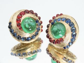 Vintage Trifari " Jewels Of India " Moghul Faux Emerald & Blue,  Red Cab Earrings