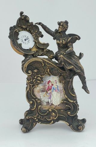 Antique 19th C French Brass Porcelain Figural Mantle Desk Clock