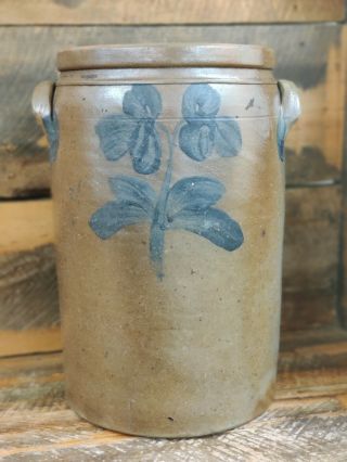Antique Baltimore Stamped 3 Gallon Blue Cobalt Floral Decorated Stoneware Jar