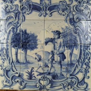 Vintage Ceramic 16 - Tile Panel Portuguese Azulejo Blue White Mounted On Plywood