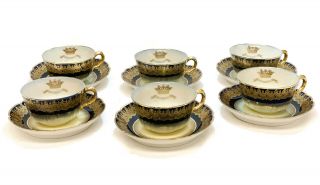 6 Sevres France Porcelain Cobalt Blue & Gilt Cup & Saucers,  Armorial Crest
