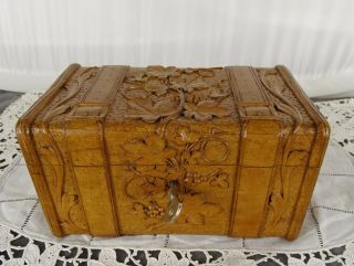 Antique French Hand Wood Carving Black Forest Jewerly Box - Vine & Grapes - Belt