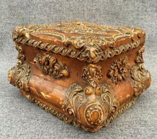 Antique French Napoleon Iii Wood And Stucco Jewelry Box 19th Century Flowers