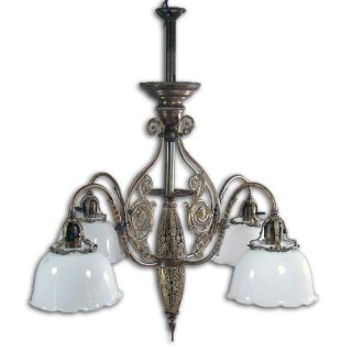 Large Solid Brass/bronze Four Arm Chandelier With Opaline Shades C.  1900