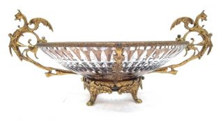 Antique Figural Cut To Clear Amber Glass Bronze Gargoyle Dragon Bowl Centerpiece