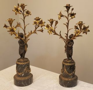 Fine French Empire Style Figural Bronze & Marble 3 - Light Candelabras