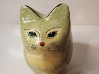 Hand Painted Lacquered Wooden Small Cat Box Grey & White 3.  5 " Tall