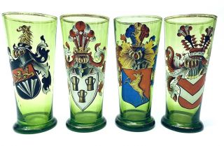 4 Theresienthal Beakers Enameled Armorial Family Coat Of Arms Glass Historismus