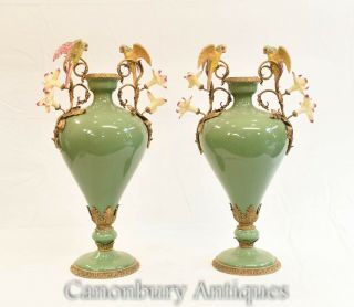 Pair French Porcelain Parrot Urns Vases Amphora