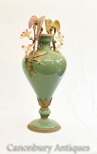 Pair French Porcelain Parrot Urns Vases Amphora 2