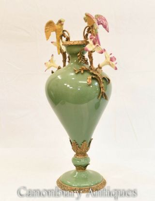 Pair French Porcelain Parrot Urns Vases Amphora 4