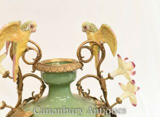 Pair French Porcelain Parrot Urns Vases Amphora 6