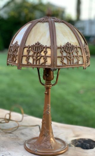 17”antique Slag Glass Panel Table Lamp