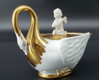 Early 20th C.  French Antique Sevres Porcelain Swan Inkwell Signed Gold Gild Mark