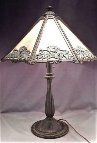Antique Signed Bradley & Hubbard 8 Panel Slag Glass Table Lamp Floral Shade Vgc