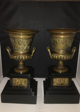 Antique French Bronze And Black Marble Garniture Urns 11 1/4”t Classical C.  1850