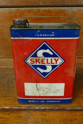 Vintage Early Skelly Oil Co Motor Oil Slim 1 One Gallon Metal Oil Can - Empty