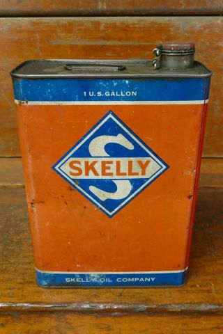 Vintage Early Skelly Oil Co Motor Oil Slim 1 One Gallon Metal Oil Can - Empty 3